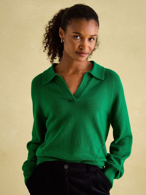 Mia Green Pointelle Jumper with Open Collar Joules
