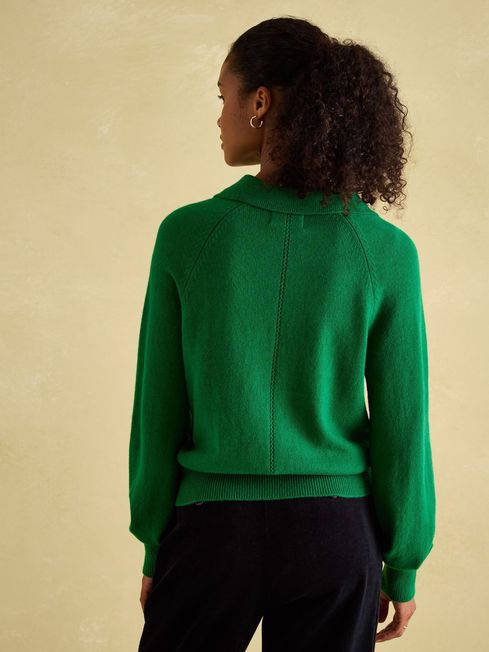 Mia Green Pointelle Jumper with Open Collar Joules