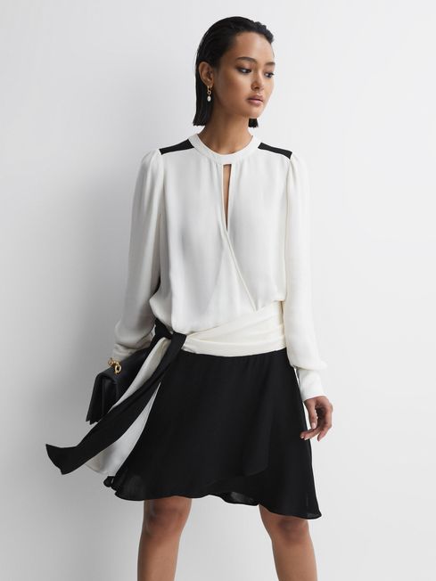 Reiss Ivory/Black Sadie Colourblock Belted Mini Dress