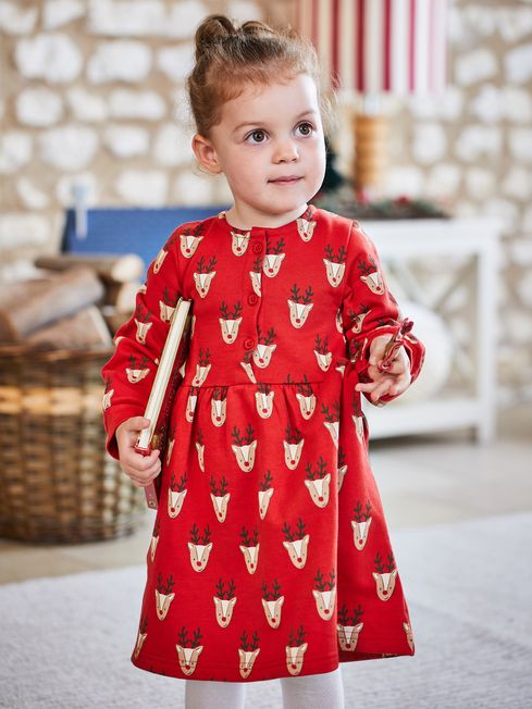 JoJo Maman B b Red Girls Reindeer With Pet In Pocket Sweat Dress