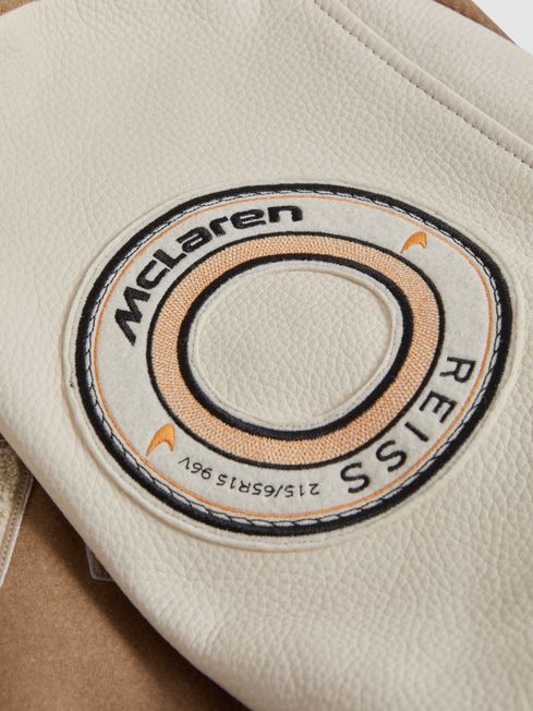 McLaren F1 Leather Varsity Jacket in Camel/Ecru