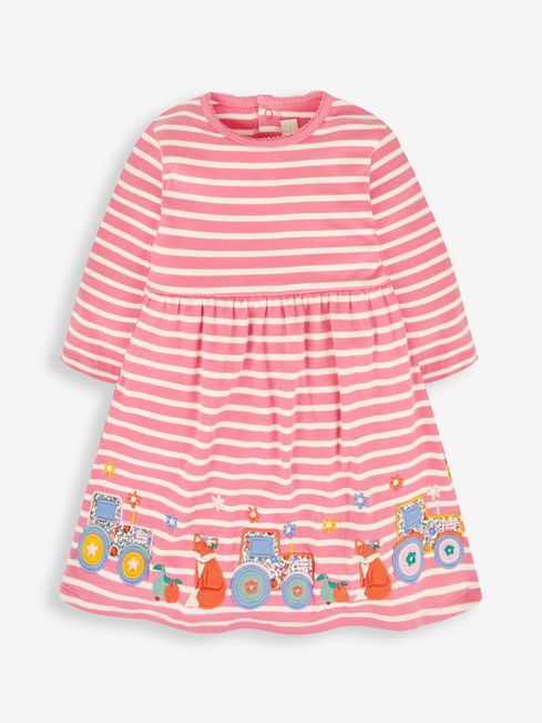 JoJo Maman Bébé Fuchsia Pink Fox & Tractor Girls' Stripe Appliqué Dress