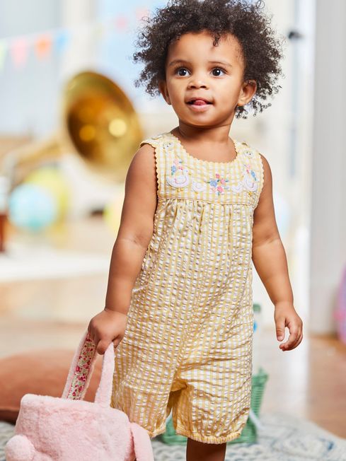 Yellow Gingham Duck Applique Baby Dungarees JoJo Maman Bebe