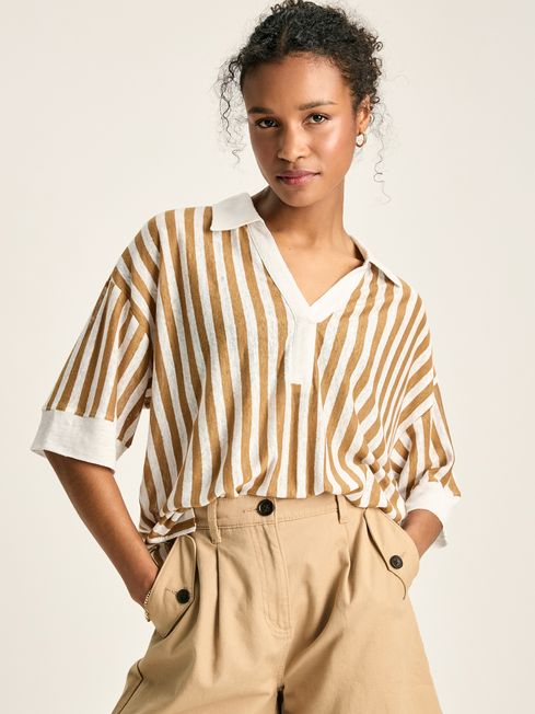 Hadley Tan White Linen Polo Shirt Joules
