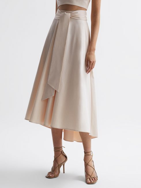 Fitted High Rise Midi Skirt in Nude