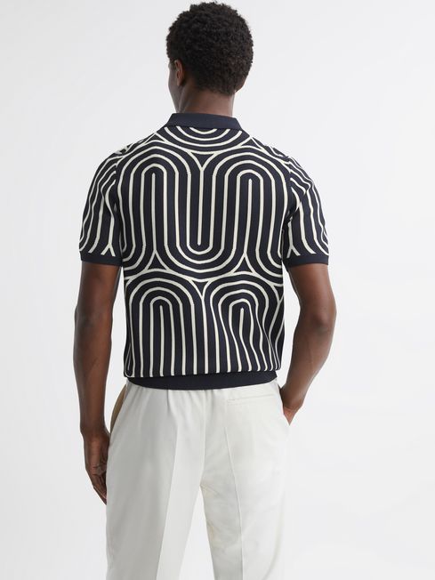 Half-Zip Striped Polo T-Shirt in Navy/White