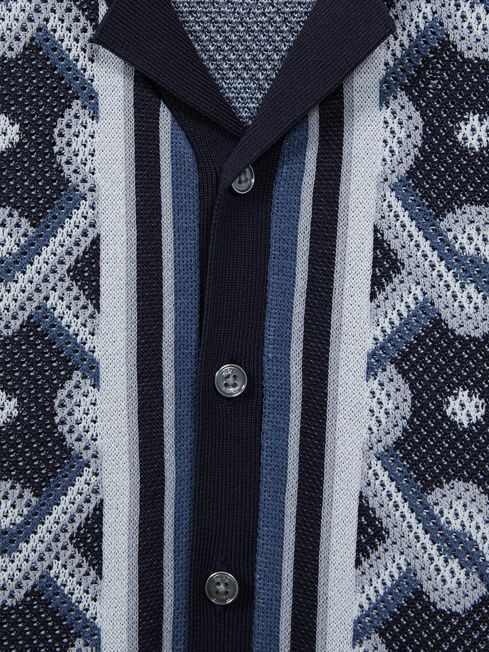 Senior Knitted Cuban Collar Button-Through Shirt in Navy Multi