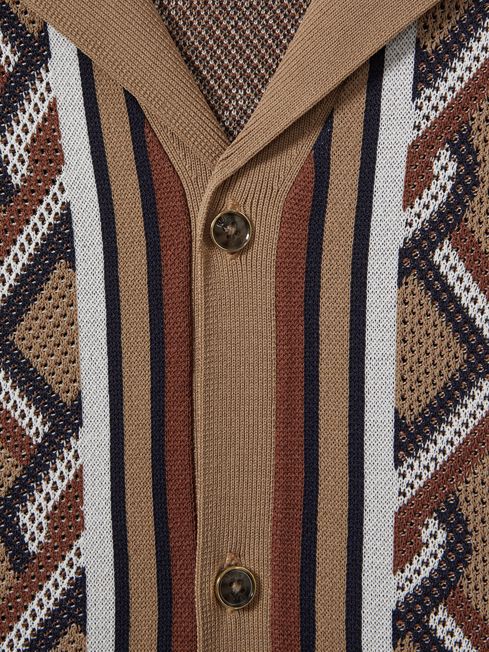 Knitted Cuban Collar Shirt in Camel Multi