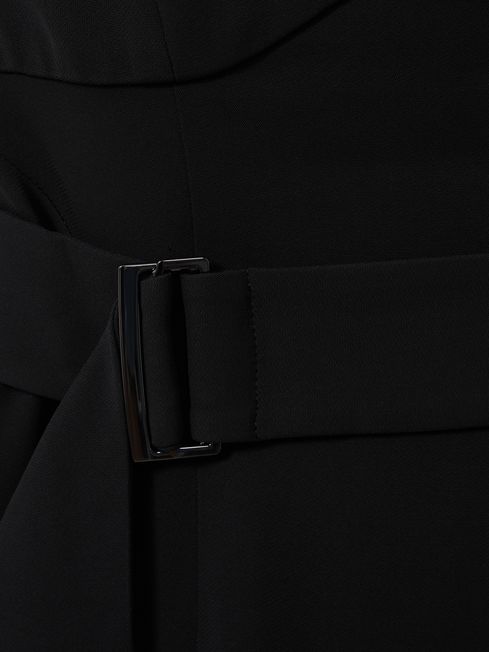Cross-Back Belted Bodycon Midi Dress in Black