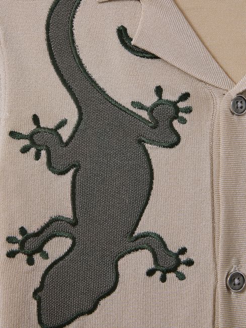 Senior Knitted Reptile Cuban Collar Shirt in Stone/Green