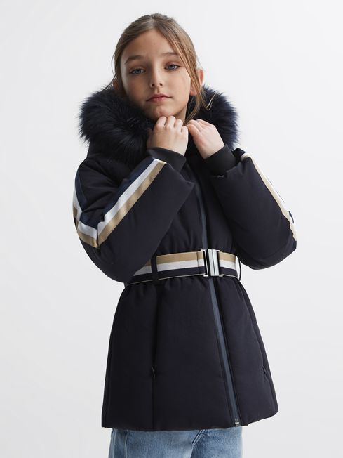 Reiss Navy Cara Junior Quilted Faux Fur Hooded Coat