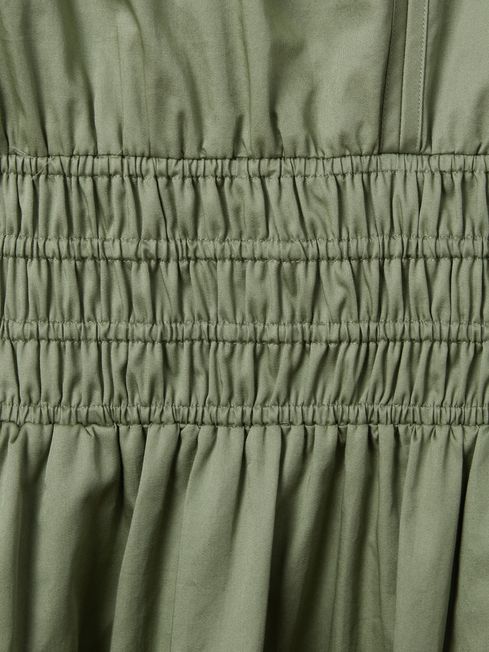 Cotton Ruched Waist Midi Dress in Green