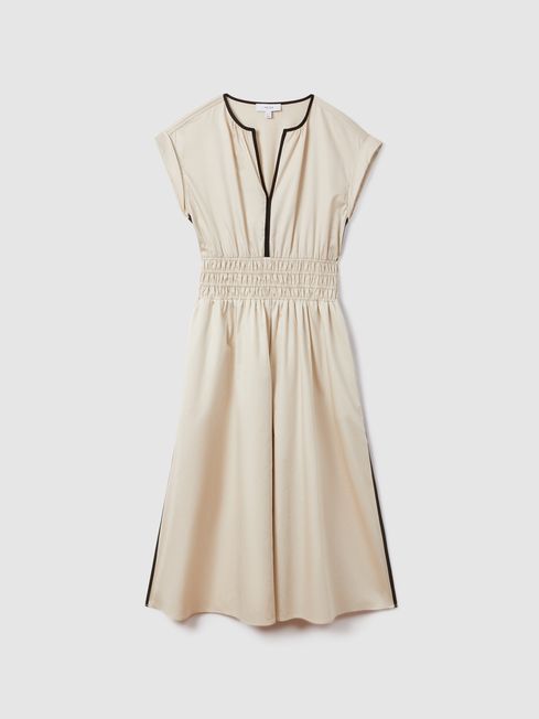 Reiss Neutral Black Lena Cotton Ruched Waist Midi Dress