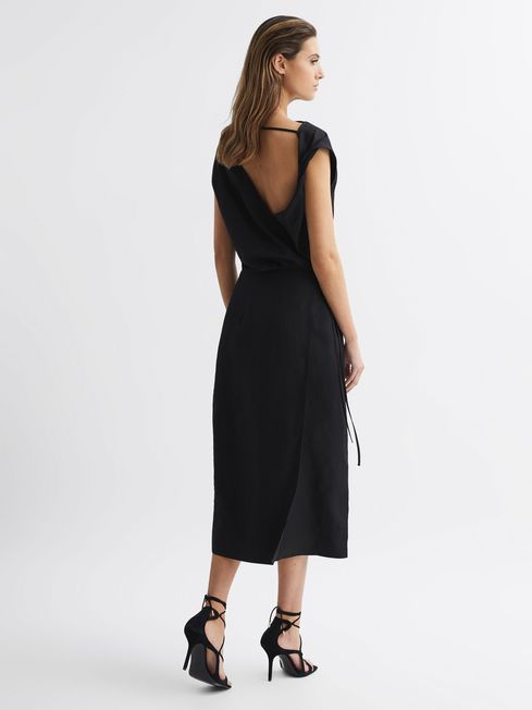 Premium Linen Blend Open-Back Midi Dress in Black