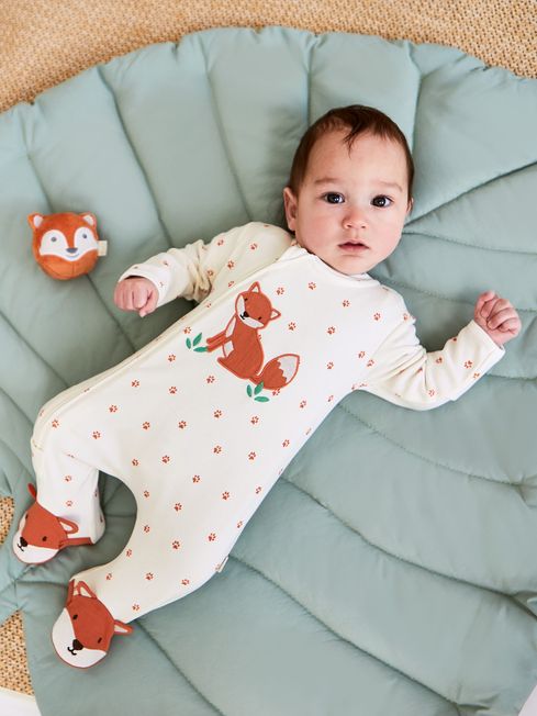 JoJo Maman Bébé Cream Fox Appliqué Zip Cotton Baby Sleepsuit