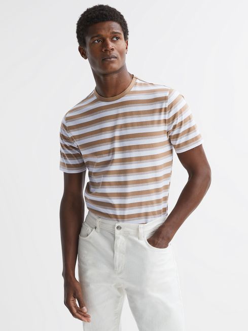 Reiss Camel/White Dean Cotton Crew Neck Striped T-Shirt