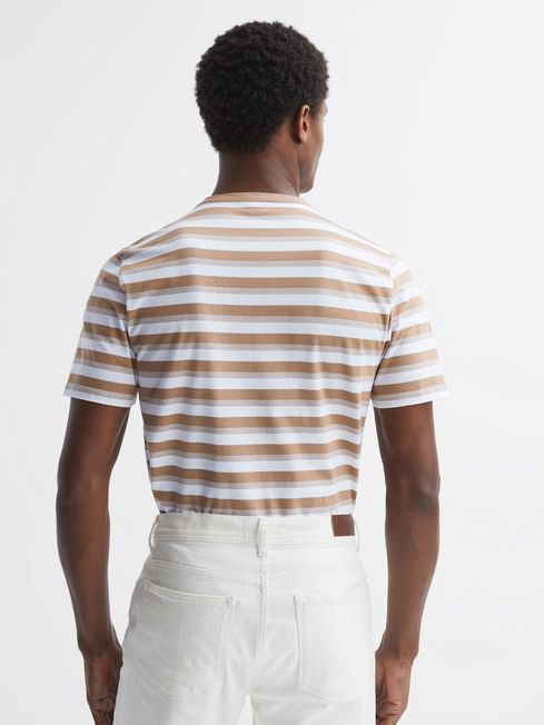 Cotton Crew Neck Striped T-Shirt in Camel/White