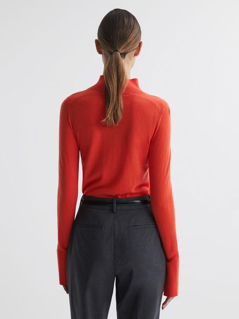 Merino Wool Fitted Funnel Neck Top in Coral