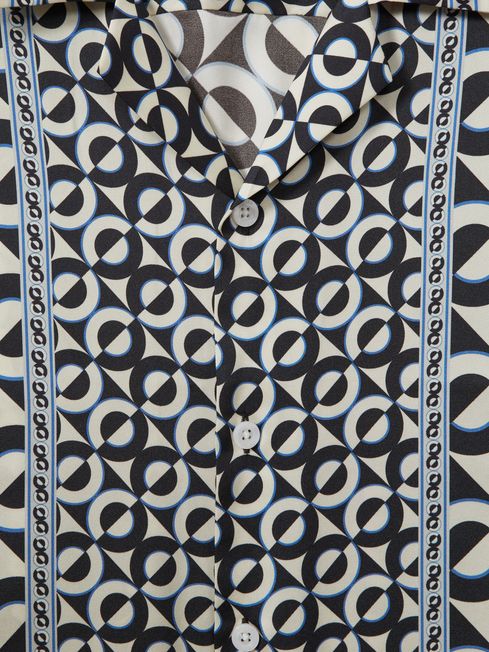 Geometric Print Cuban Collar Shirt in Lapis Blue