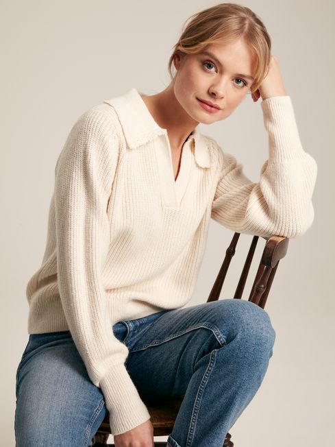 Evangeline Cream Rib Knit Jumper With Crochet Collar Joules