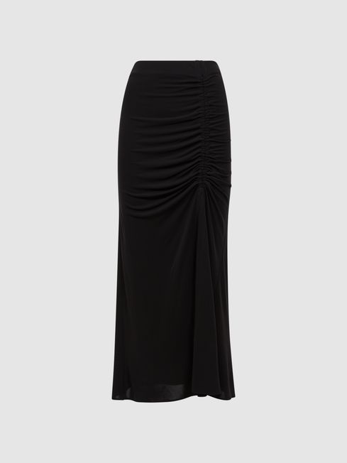 Black midi ruched skirt deals