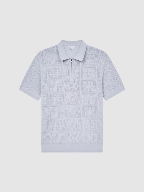 Reiss Soft Blue Mosaic Half Zip Textured Polo Shirt