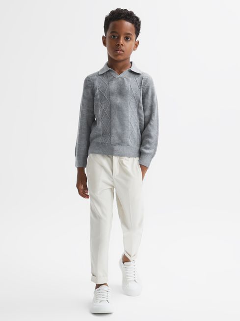 Reiss Soft Grey Melange Malik Junior Knitted Open-Collar Top