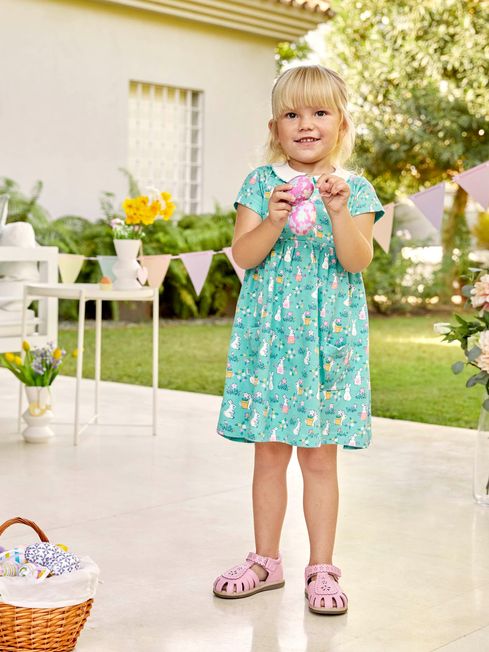 JoJo Maman B b Duck Egg Bunny Print With Pet In Pocket Peter Pan Dress