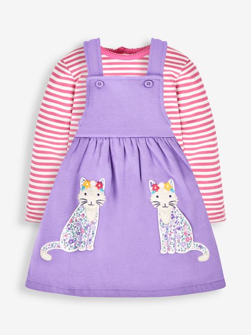 JoJo Maman Bébé Lilac Purple Cat Girls' 2-Piece Appliqué Pinafore Dress & Top Set