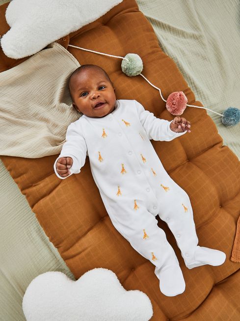 JoJo Maman Bébé Giraffe Embroidered Cotton Baby Sleepsuit