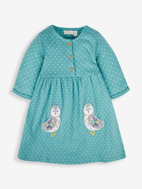 JoJo Maman Bébé Duck Egg Blue Owl Appliqué Button Front Dress