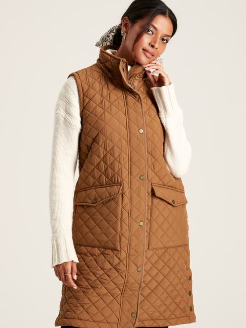 Joules Chatsworth Rust Brown Showerproof Long Diamond Quilted Gilet With Hood