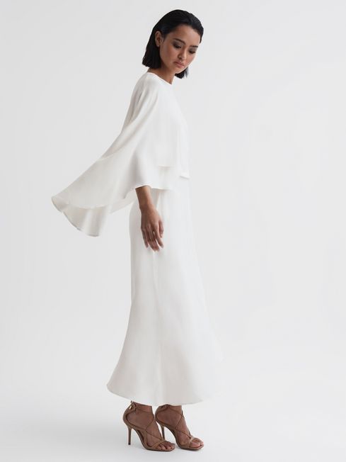 Cape Sleeve Asymmetric Maxi Dress in Ivory