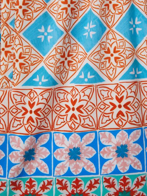 Senior Floral Tile Print Drawstring Swim Shorts in Orange Multi