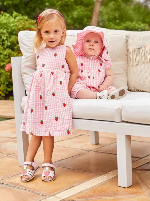 JoJo Maman B b Pink Girls Strawberry Embroidered Gingham Dress