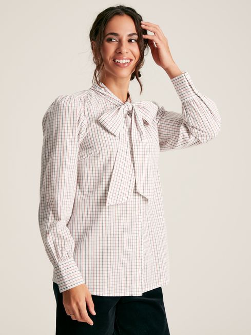 Joules Everly Multi Check Tie Neck Blouse