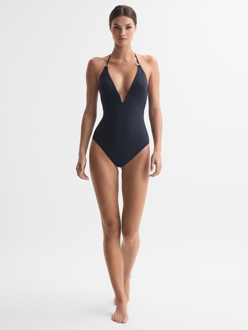 Reiss Orla - Plunge Swimsuit With Button Detail in Black, Womens