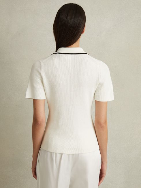 Linen Blend Open Collar Polo Shirt in Ivory/Black