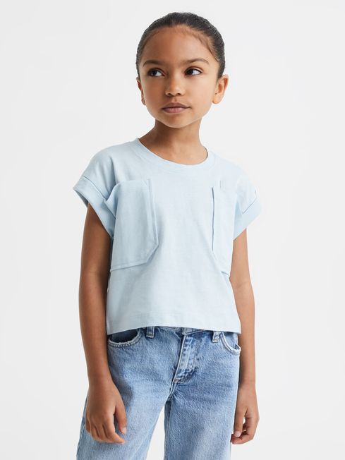Reiss Blue Lulu Junior Cropped Cotton Crew Neck T-Shirt