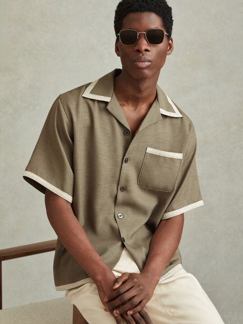 Reiss Sage/White Vita Contrast Trim Cuban Collar Shirt