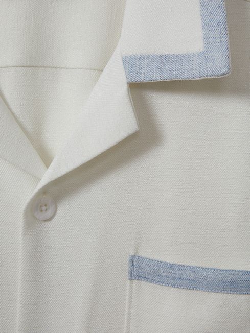 Contrast Trim Cuban Collar Shirt in Ecru/Soft Blue