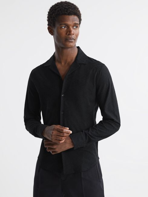 Reiss Black Ledger Jacquard Cuban Collar Shirt