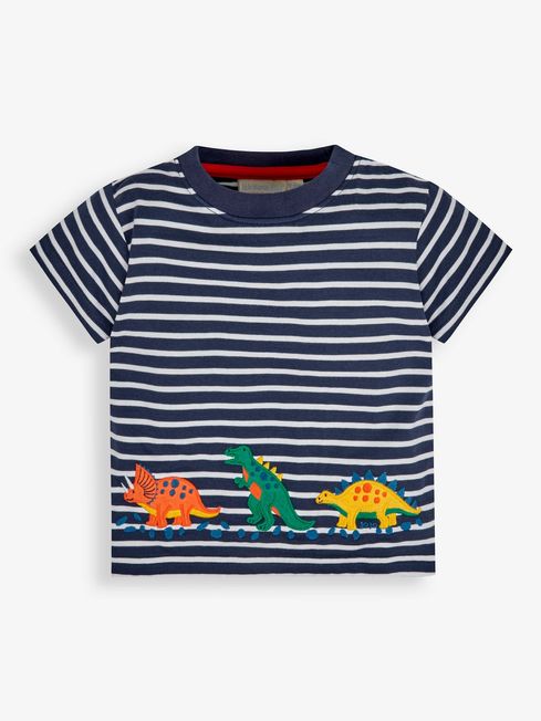 JoJo Maman Bébé Navy White Stripe Stripe Dino Appliqué T-Shirt