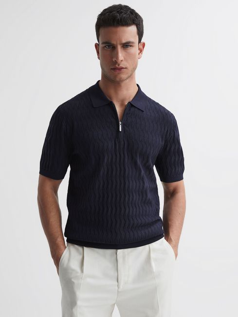 Reiss Navy Cabana Reiss | Ché Textured Half-Zip Polo Shirt
