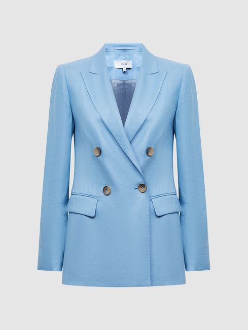 Double Breasted Linen Blazer in Blue REISS