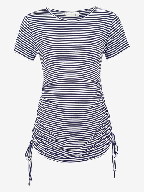 JoJo Maman Bébé Navy Ecru Stripe Stripe Side Gathered Maternity T-Shirt