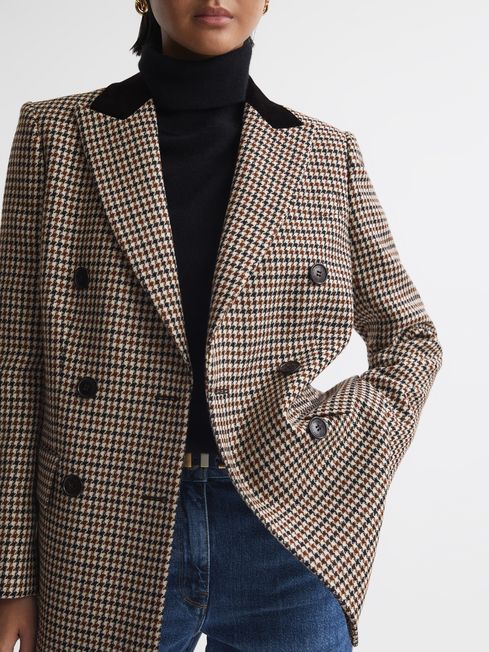 Reiss Multi Cici Wool Dogtooth Double Breasted Blazer