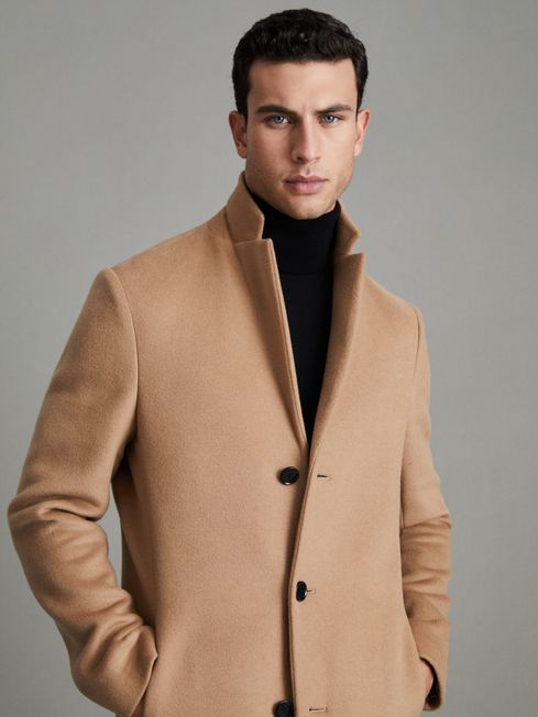 Wool Blend Single Breasted Epsom Overcoat in Camel
