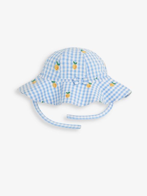 JoJo Maman Bébé Blue Girls' Gingham Lemon Embroidered Floppy Sun Hat