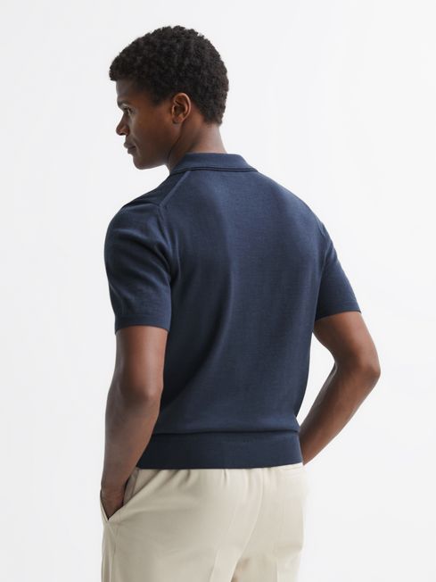 Merino Wool Open Collar Polo Shirt in Eclipse Blue